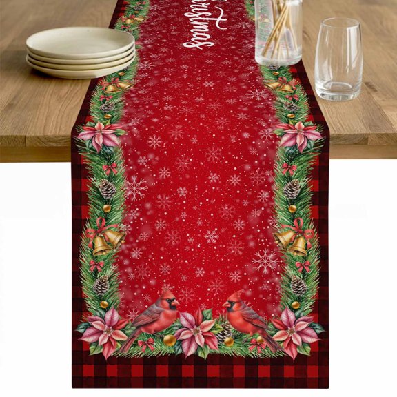 Red Plaid Christmas Table Runner 72 Inches Long Farmhouse Dress Scarves, Xmas Snowflake Poinsettia Botanical Dining Tablerunner for Coffee Table/Kitchen Island/Party Décor, 13" x 72"