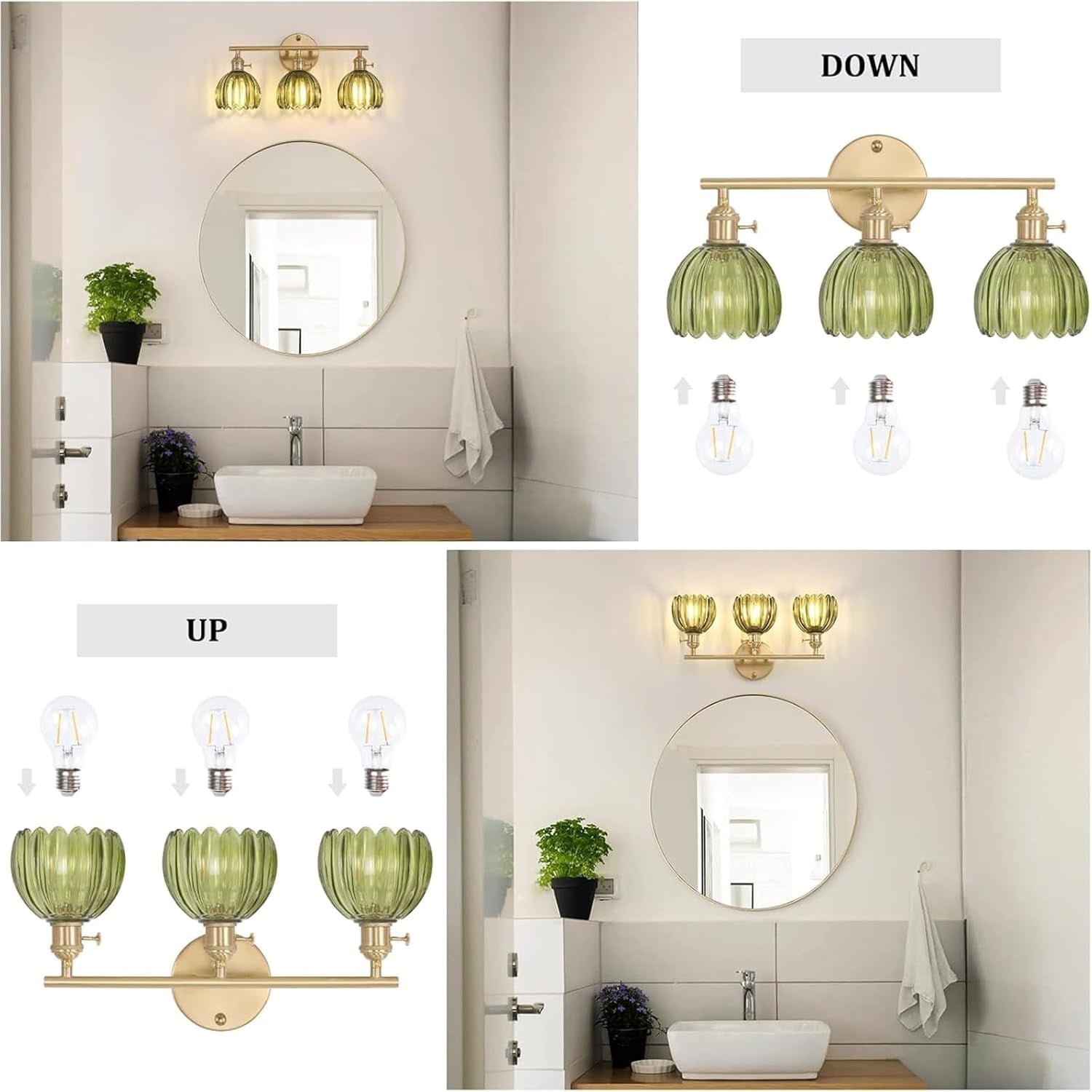 Bathroom Light Fixtures, 3-Light Brass Vanity Wall Light Over Mirror with Green Tulip Glass Shade for Bedroom Living Room (Bulb Not Included)