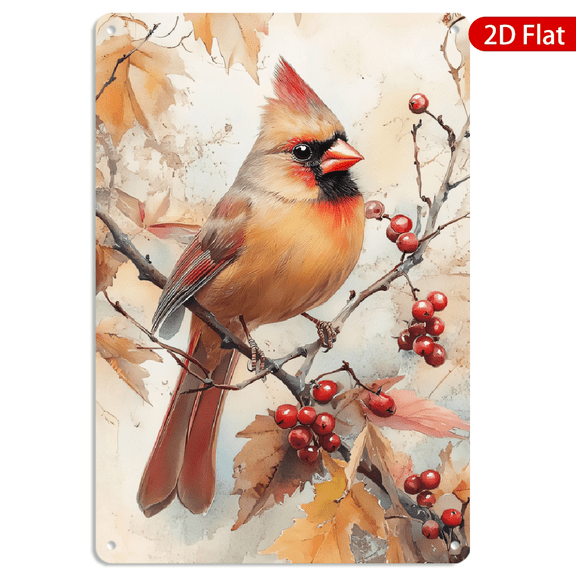 8x12 Inch Metal Wall Art, Female Northern Cardinal Autumn Bird Illustration Rustic Decor 1pc for Home Kitchen Living Room Wall Decoration
