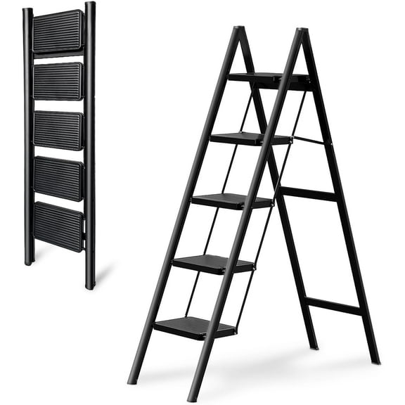 Step Ladder 5 Step Folding,  330 Lbs Load Heavy Duty Step Ladders for Home/Indoor, Tall Kitchen/Closet Ladder for Adults, Lightweight Compact Ladders with Anti-Slip Wide Pedal Black