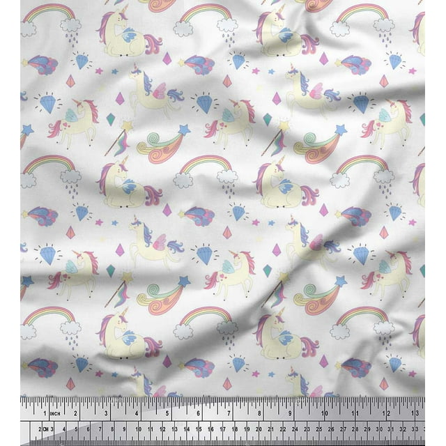 Soimoi White Poly Georgette Fabric Rainbow & Unicorn Animal Printed Fabric 1 Yard 42 Inch Wide