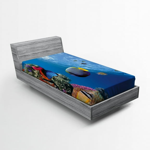 Ambesonne Ocean Life Fitted Sheet, Underwater Fish Sea, Twin Size, Blue