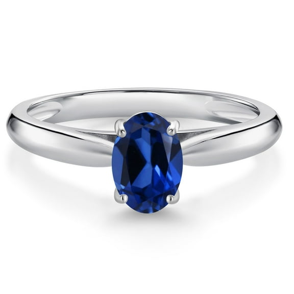 Gem Stone King 10K White Gold Blue Created Sapphire Solitaire Engagement Ring for Women (1.00 Cttw, Oval 7X5MM, Gemstone September Birthstone, Size 7)