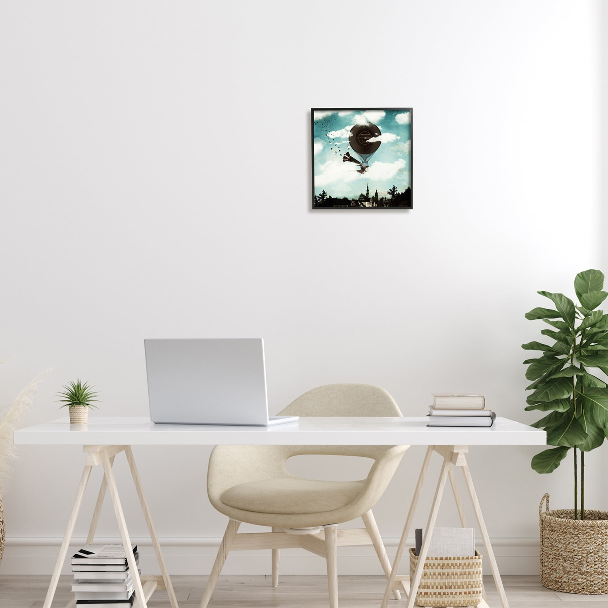 Stupell Industries Serene Gramophone Flying Birds Clouds City Buildings Framed Wall Art, 24 x 24, Design by Paula Belle Flores