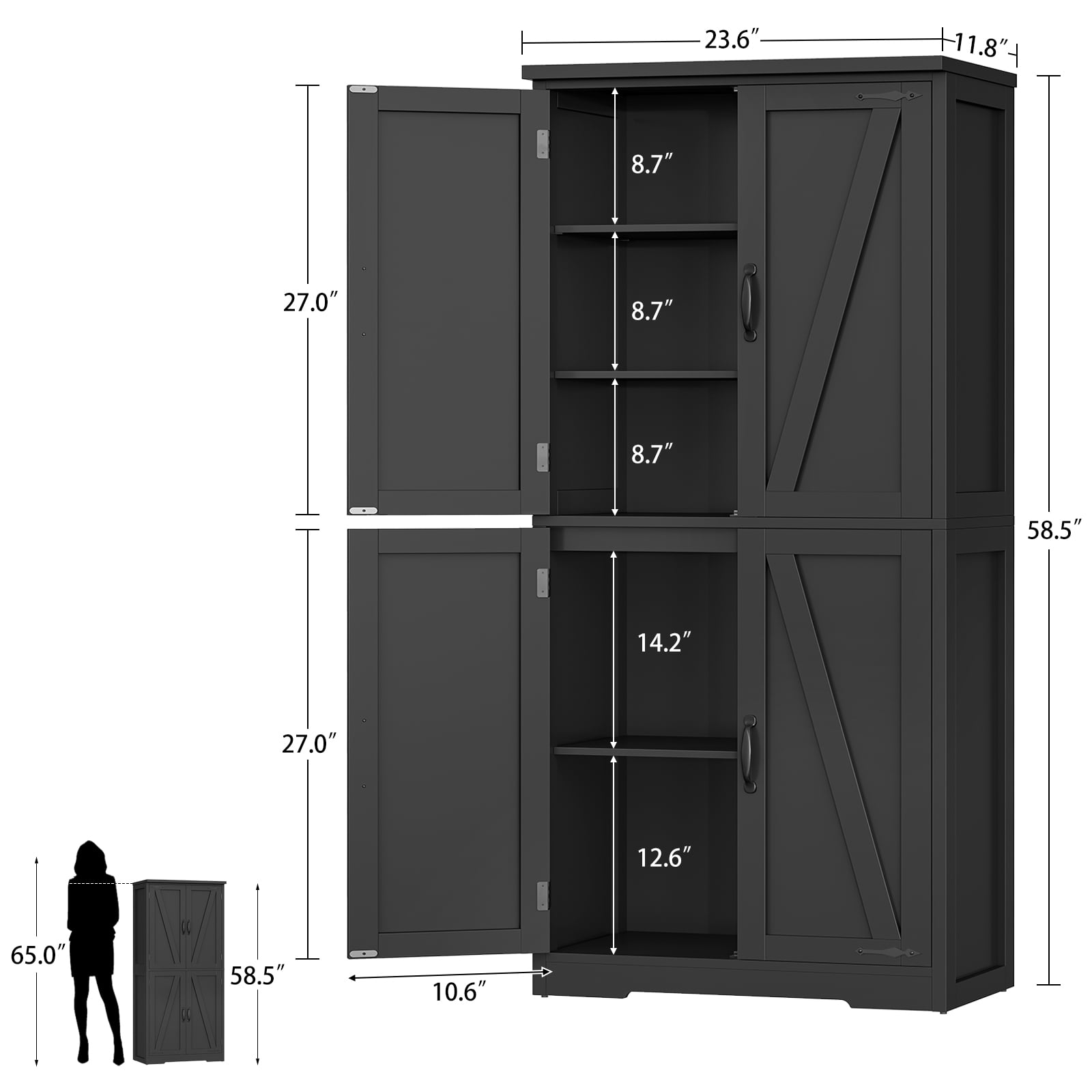 58.27” Kitchen Pantry Cabinets With 4 Doors, Storage Cabinets, Cupboard, Tall Bathroom Cabinets For Dinning Room, Living Room, Black