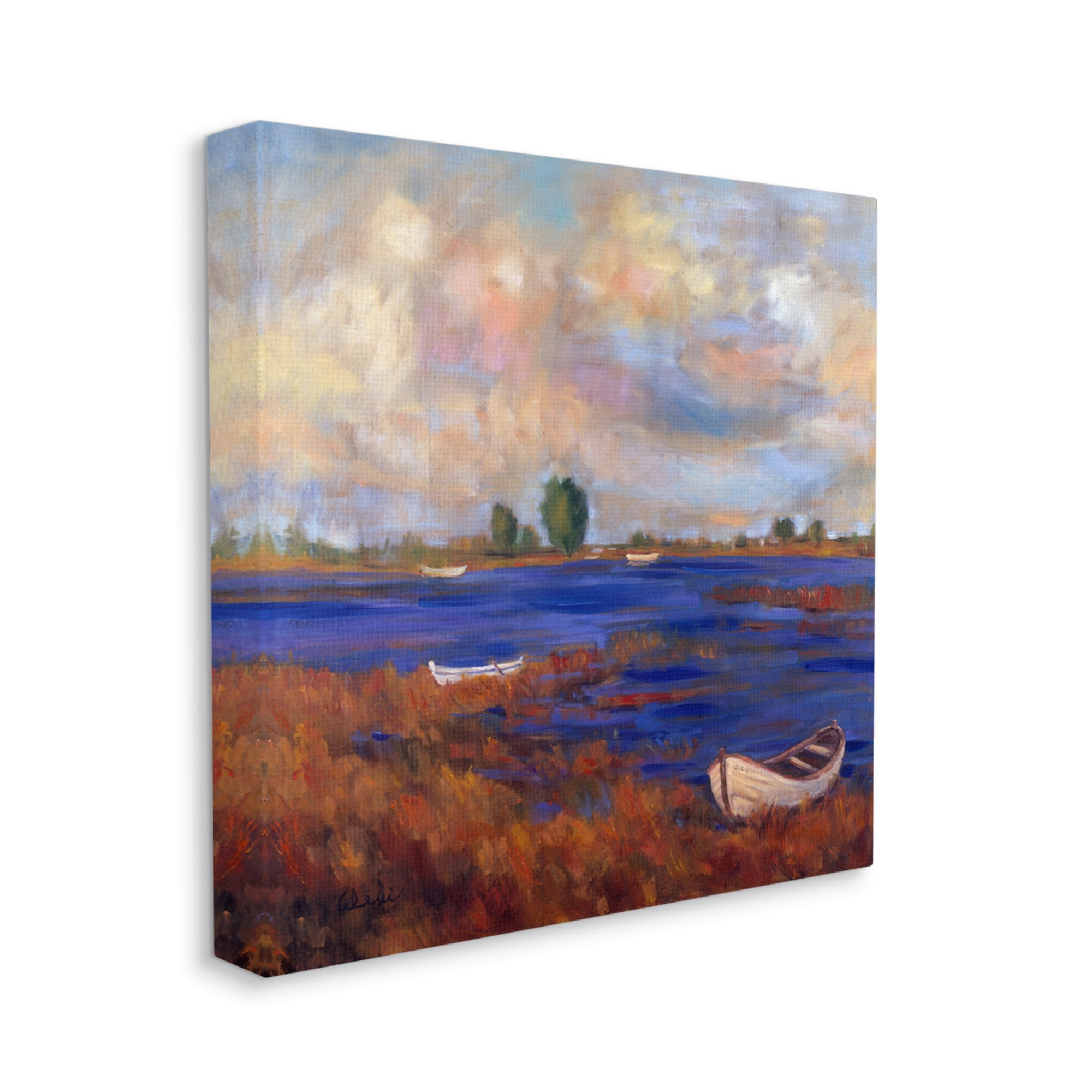 Stupell Industries Boats on Lake Shore Landscape Painting Gallery Wrapped Canvas Art Print Wall Art, 36 x 36