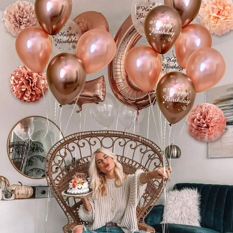ANSOMO Rose Gold and Black Happy Birthday Party Decorations for Girls Women  Banner Balloons Pom Poms Foil Curtain Décor Supplies 13th 16th 18th 20th