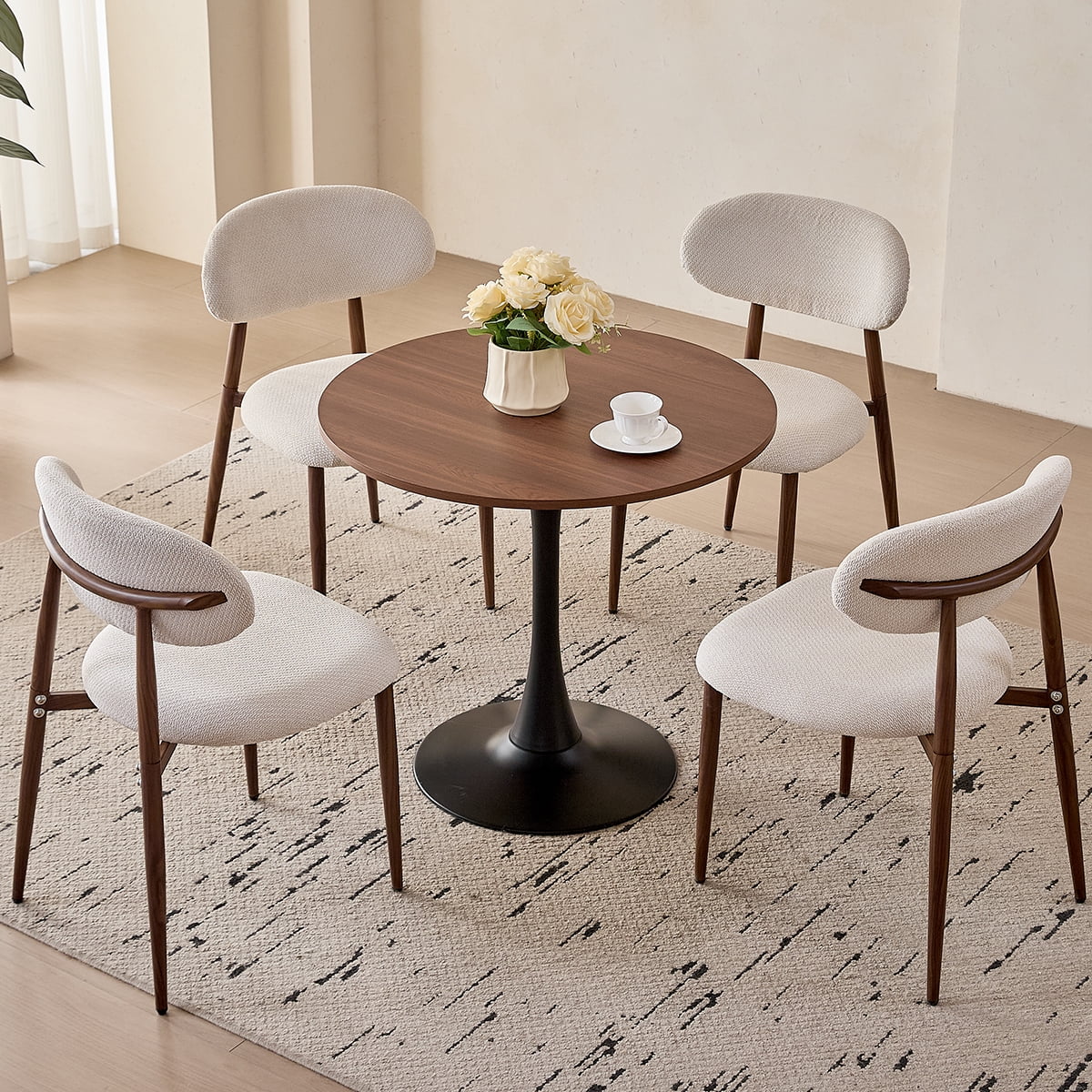 31.5" Round Dining Table for 2-4 Modern Circle Tulip Table with Metal Black Tulip Pedestal Base for Kitchen Dining Living Room Apartment Small Space Cafe, Brown