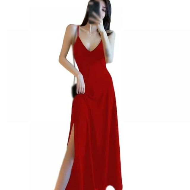 Summer Ladies Dress Shoulder Strap Long Skirt V Neck Sold Color Slim Long Halter Dresses