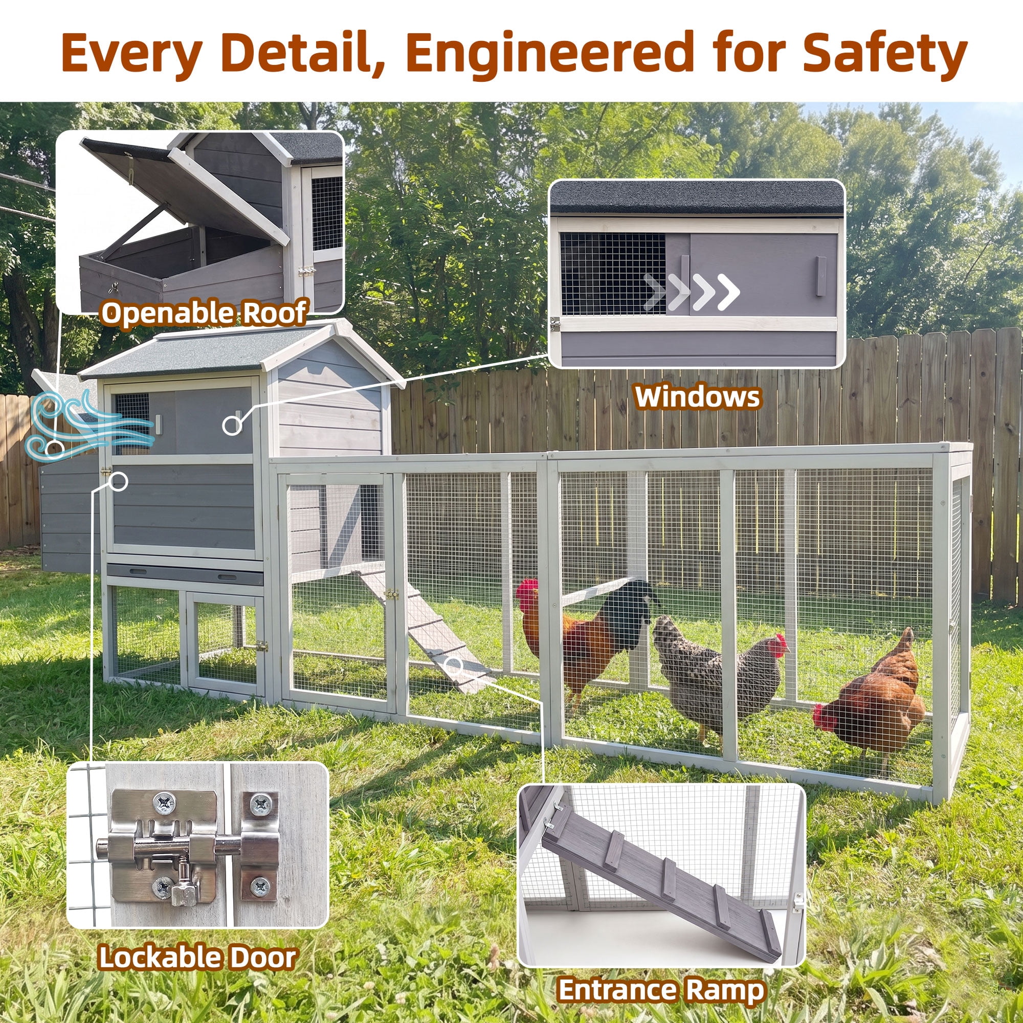 Backyard Chicken Coop with Nesting Box, Weather Resistant Wooden Hen House, Walk-In Run Options, Fits 2-6 Chickens, Gray Coop with Run