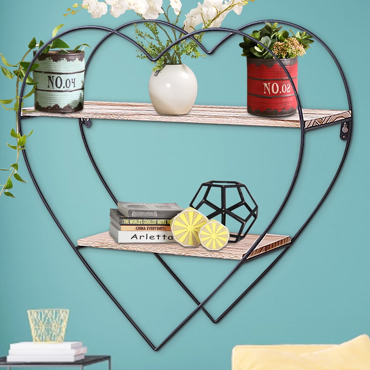 Metal & Wood Heartshaped Design Grid Wall Shelf Industrial Vintage