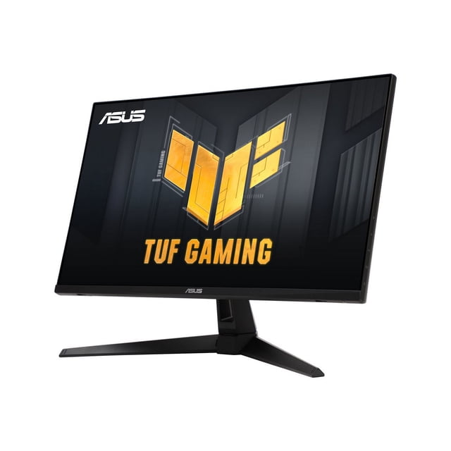 ASUS 27" 16:9 IPS TUF Gaming 1440p QHD gaming monitor with 180 Hz refresh rate, shown from a front-right angle with a black matte finish and V-shaped stand, displaying the yellow TUF Gaming logo on screen, suitable for immersive gaming and professional use.