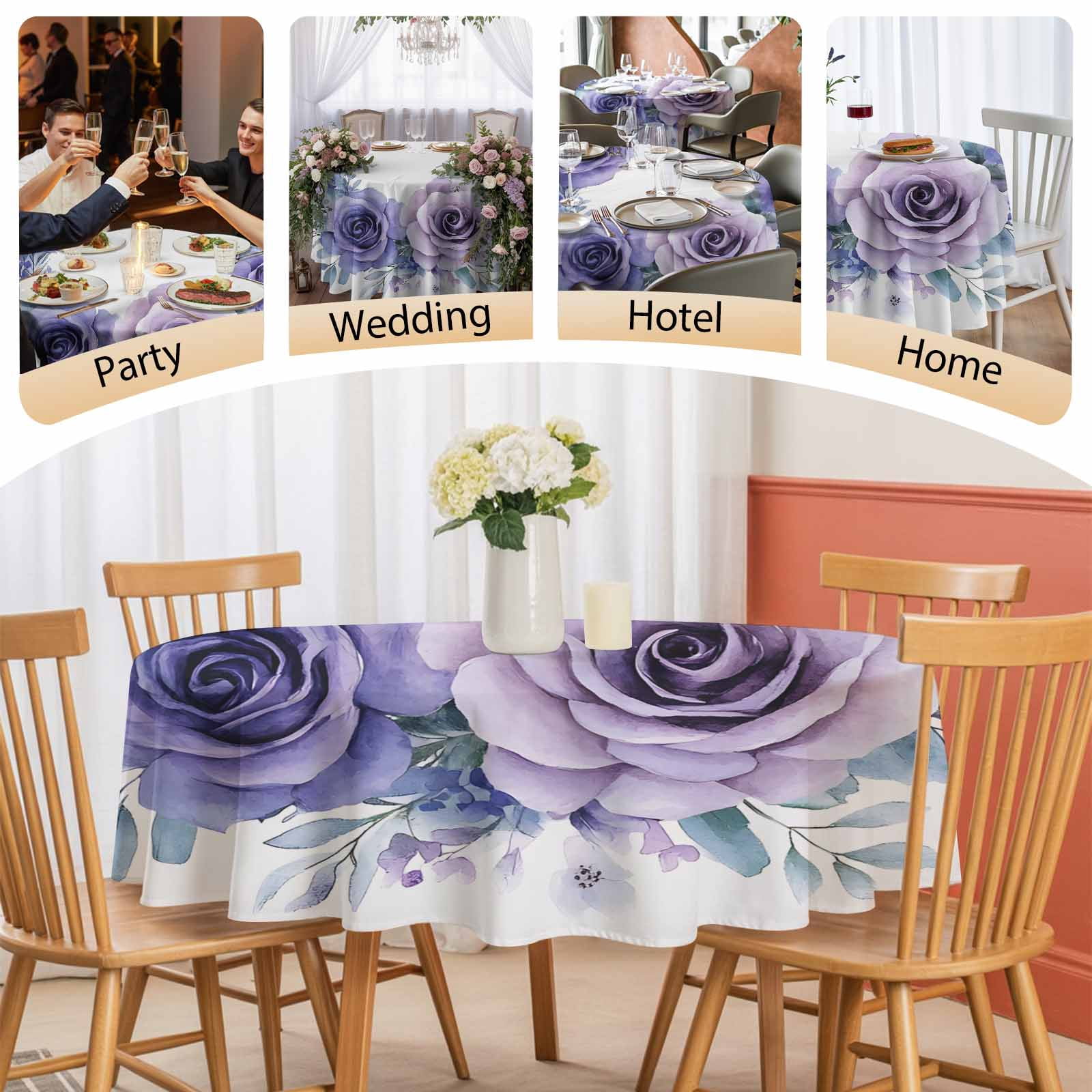 Round Tablecloth Purple Rose Waterproof Oil Proof Polyester Table Cloth Cover Decor for Home Dining Outdoor,Patio,Parties, 60" Dia. Watercolor Rustic Wreath