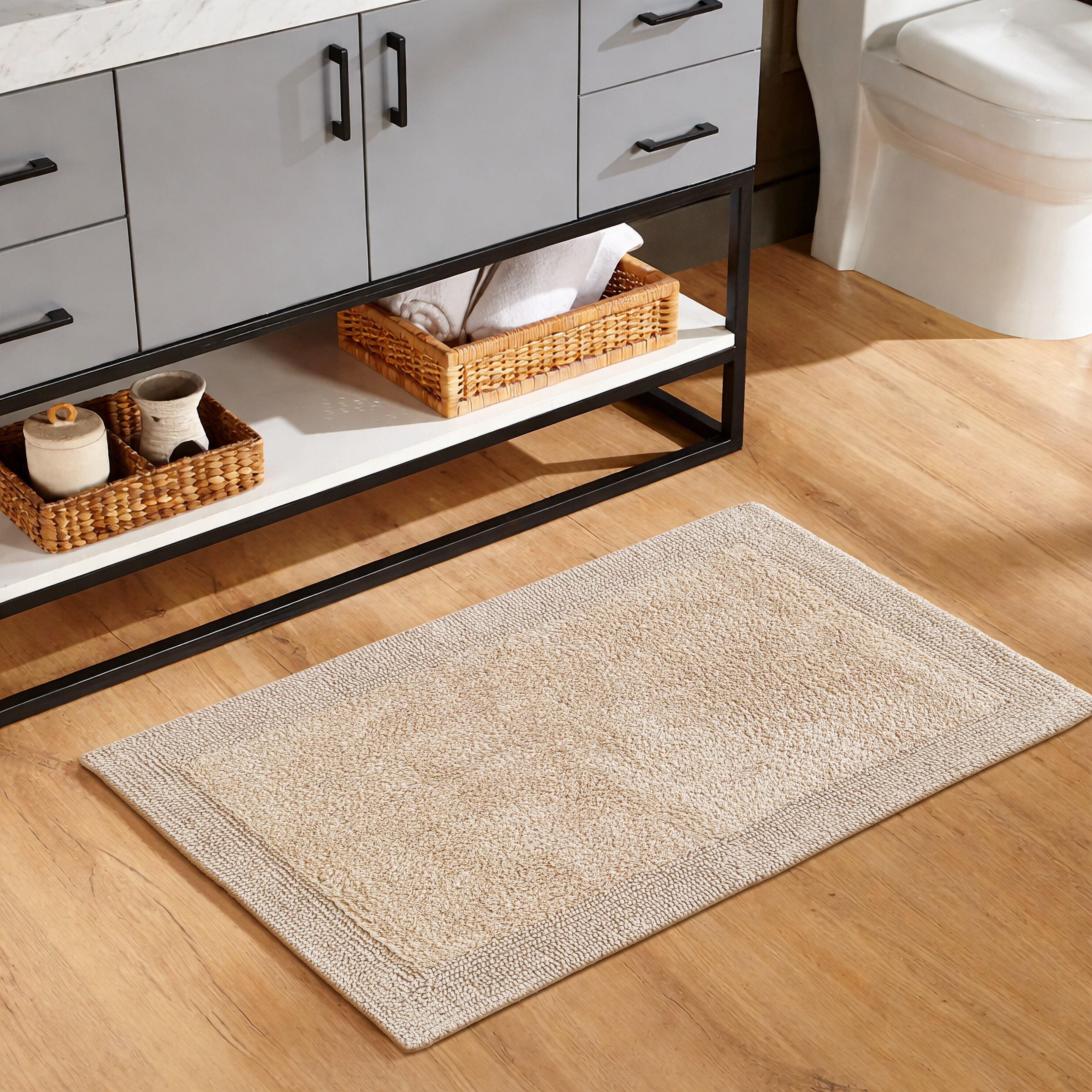 Cotton Reversible Bathmats 20"X32" Beige – 100% Cotton Scalloped Bath Mat, Anti‑Skid, Soft & Absorbent Bathroom Rug for Shower, Tub & Entryway