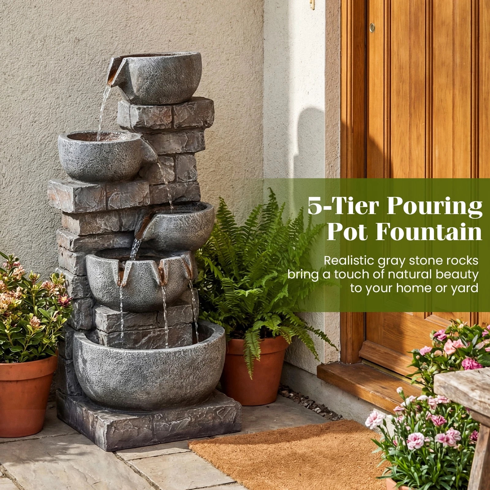 DRAZUNO 33” 5-Tier Outdoor Water Fountain with LED Lights for Patio Backyard Porch Deck