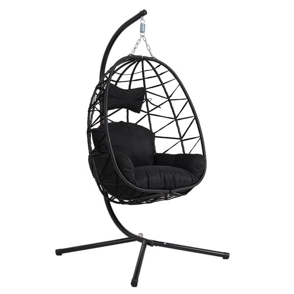 FKS LIFE Hanging Egg Chair with Stand, All-Weather Wicker Swing Chair with Cushions, 350lbs Capacity Indoor Outdoor Hammock Chair for Bedroom Balcony Garden