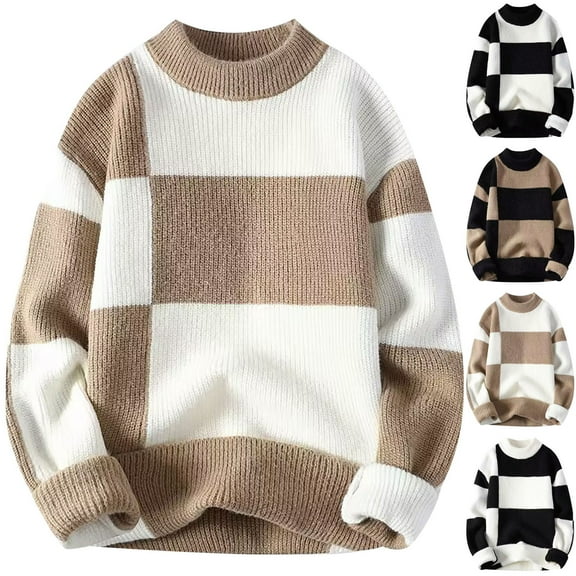 Hinvhai Men's Color Block Sweater Tops Crewneck Long Sleeve Vintage Pullovers Soft Knitwear White 10(XL)