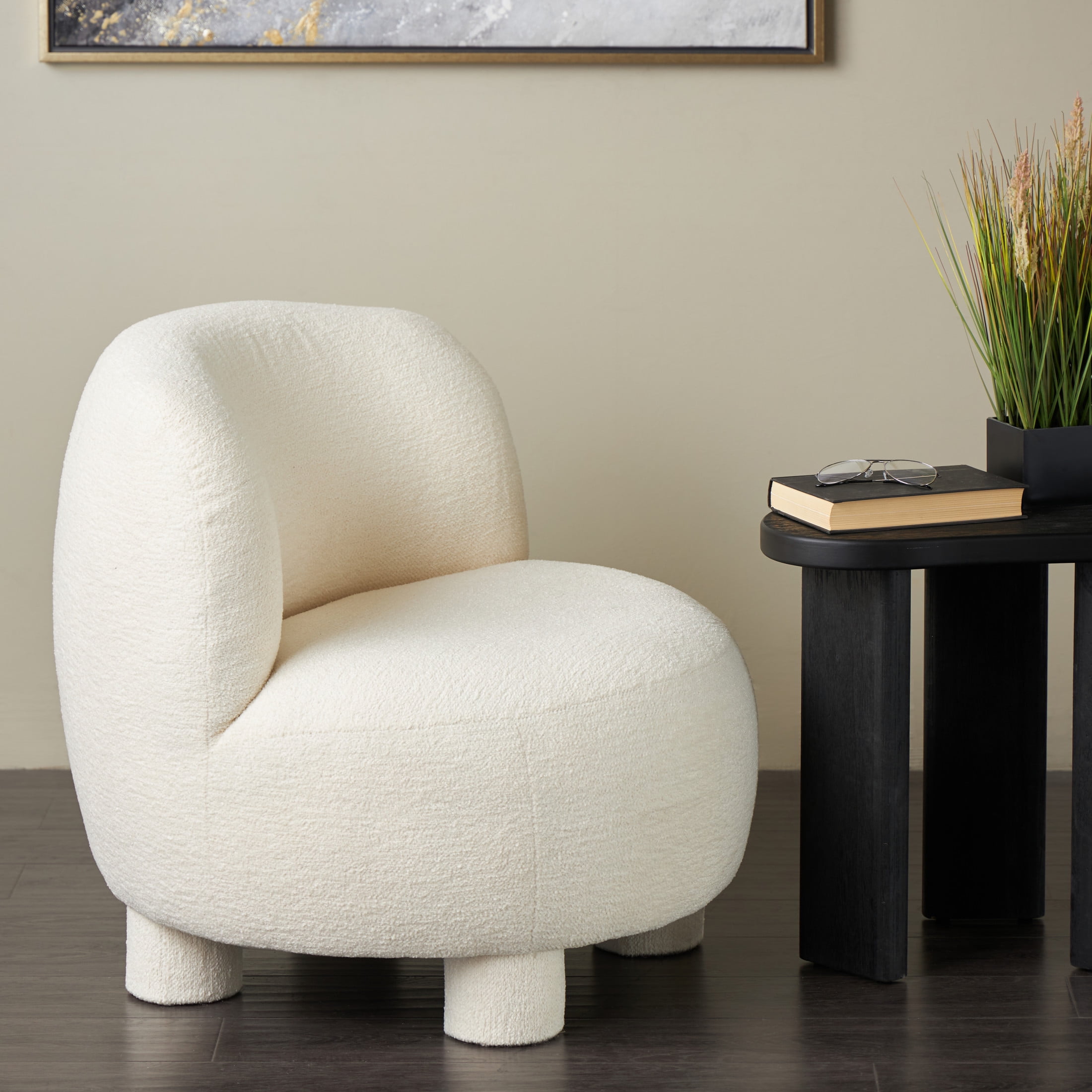 DecMode Polyester Rounded Barrel Lounge Chair, Cream