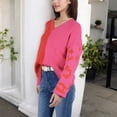 thumbnail image 5 of Women's Long Sleeve Color Block V-Neck Sweater with Leopard Print Sleeves - Large, Fuchsia, 5 of 6
