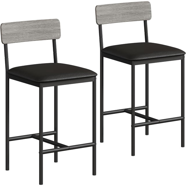 Set of 2 counter - height bar stools con back y footrest: pu leather forrado bar sillas para kitchen island, dining room, y home bar in gris