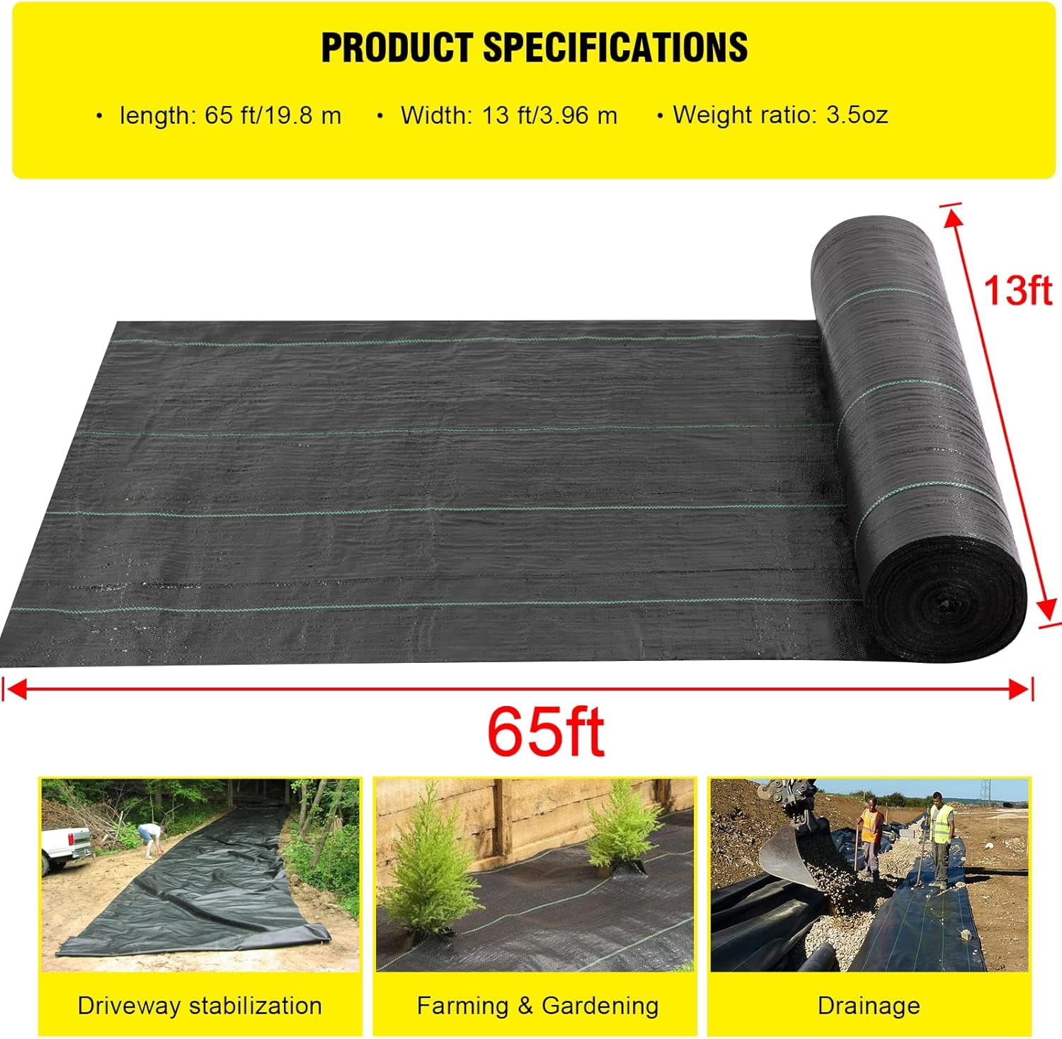 Driveway Fabric, 13x65 ft Road Fabric Commercial Weed Barrier Fabric, Landscape Fabric Heavy Duty 3.5OZ French Drain Fabric for Erosion Control,Landscape Fabric,Weed Barrier,Construction Projects