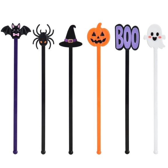 36 Pcs Halloween Cocktail Stirrers, 7 Inch Reusable Plastic Swizzle Sticks with Bat Spider Pumpkin Ghost Witch Hat BOO Designs, Halloween Party Bar Drink Decorations