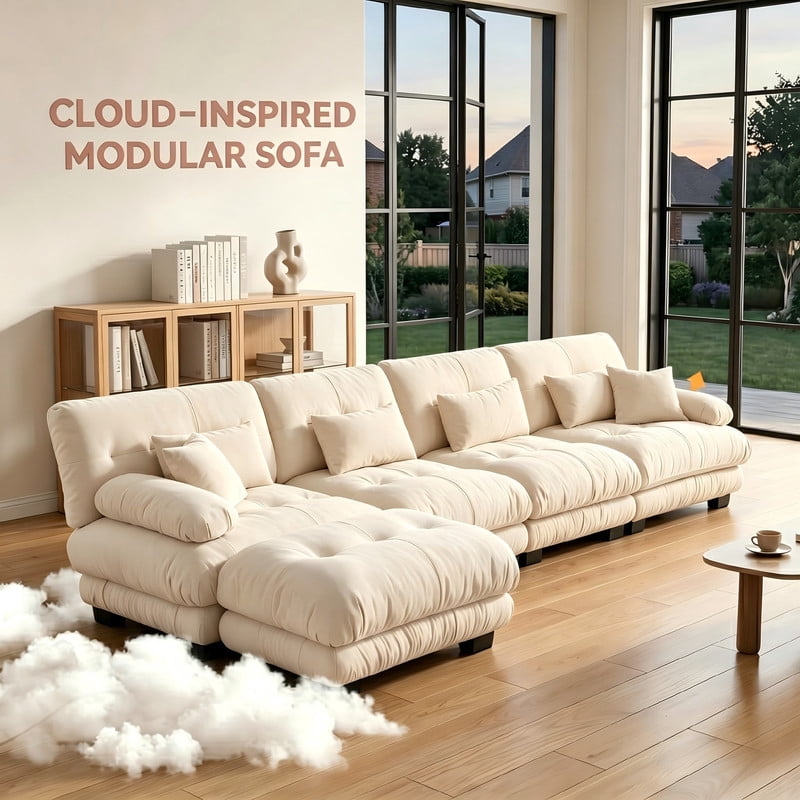 ANPPORT Cloud Couch Sleeper Sofa, Chenille Light Coffee 4-Seater Modular Sofa with 1 Ottomans, 4 Lumbar pillows,2 Pillows, Comfy Deep Seat Cloud Sofa, Convertible L-Shaped Floor Couch for Living Room
