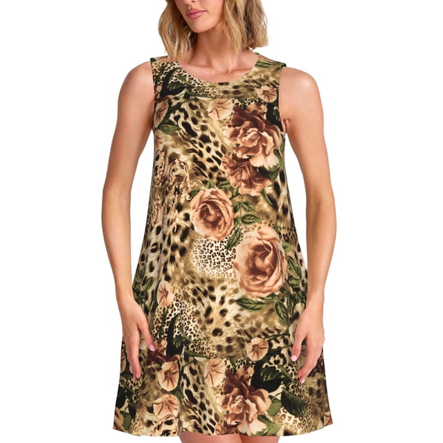 Fotbe Animal Leopard Vestido de Verano sin Mangas para Mujer – Vestido Midi Línea A, Estilo Camiseta Floral, Vestido Playero Casual y Fluido