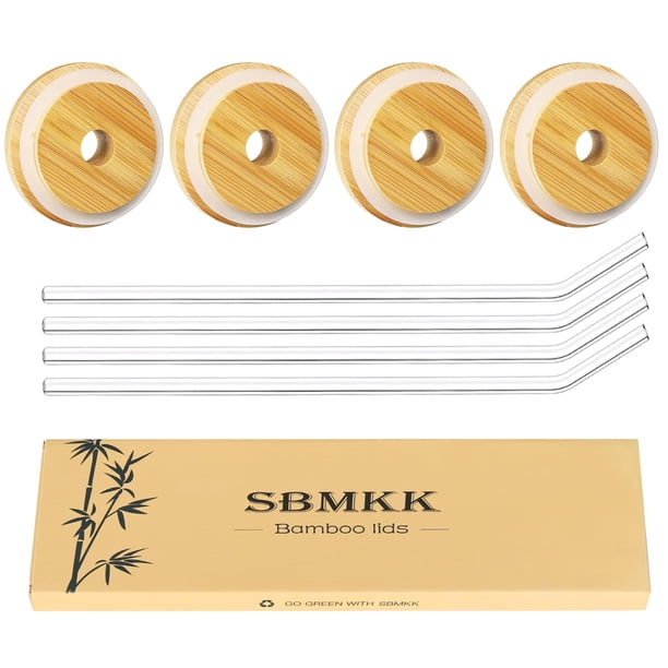 Tapas de Bambú SBMKK 70mm con Agujero para Popote, 4 piezas para Vasos de Vidrio