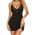 thumbnail image 2 of ValueVibe Lingerie for Women Lace V Neck Spaghetti Straps Babydoll Sleepdress High Slit Chemise Nighty, Black S, 2 of 9