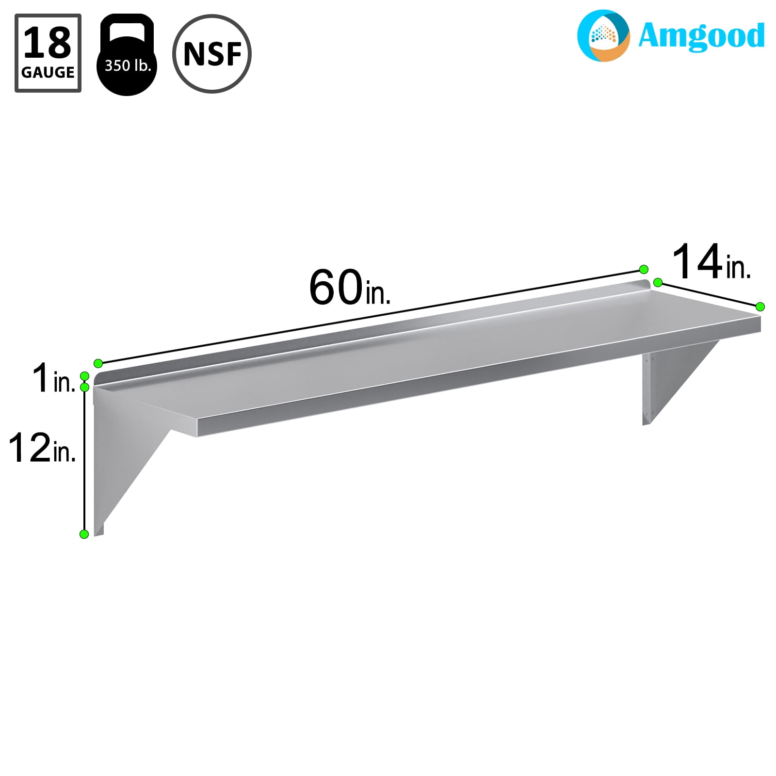 AmGood 14" Width x 60" Length | Stainless Steel Wall Shelf | Square Edge | Metal Shelving | Heavy Duty | Commercial Grade | Wall Mount | NSF Certified