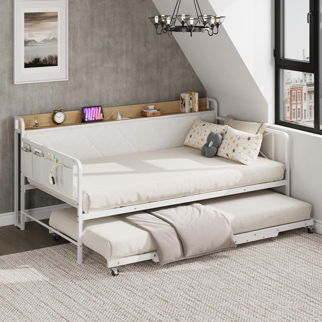 AKDSteel Daybed With Trundle And Led Light, Twin Size Metal Frame With Upholstered Headboard And Built-In Charging Station