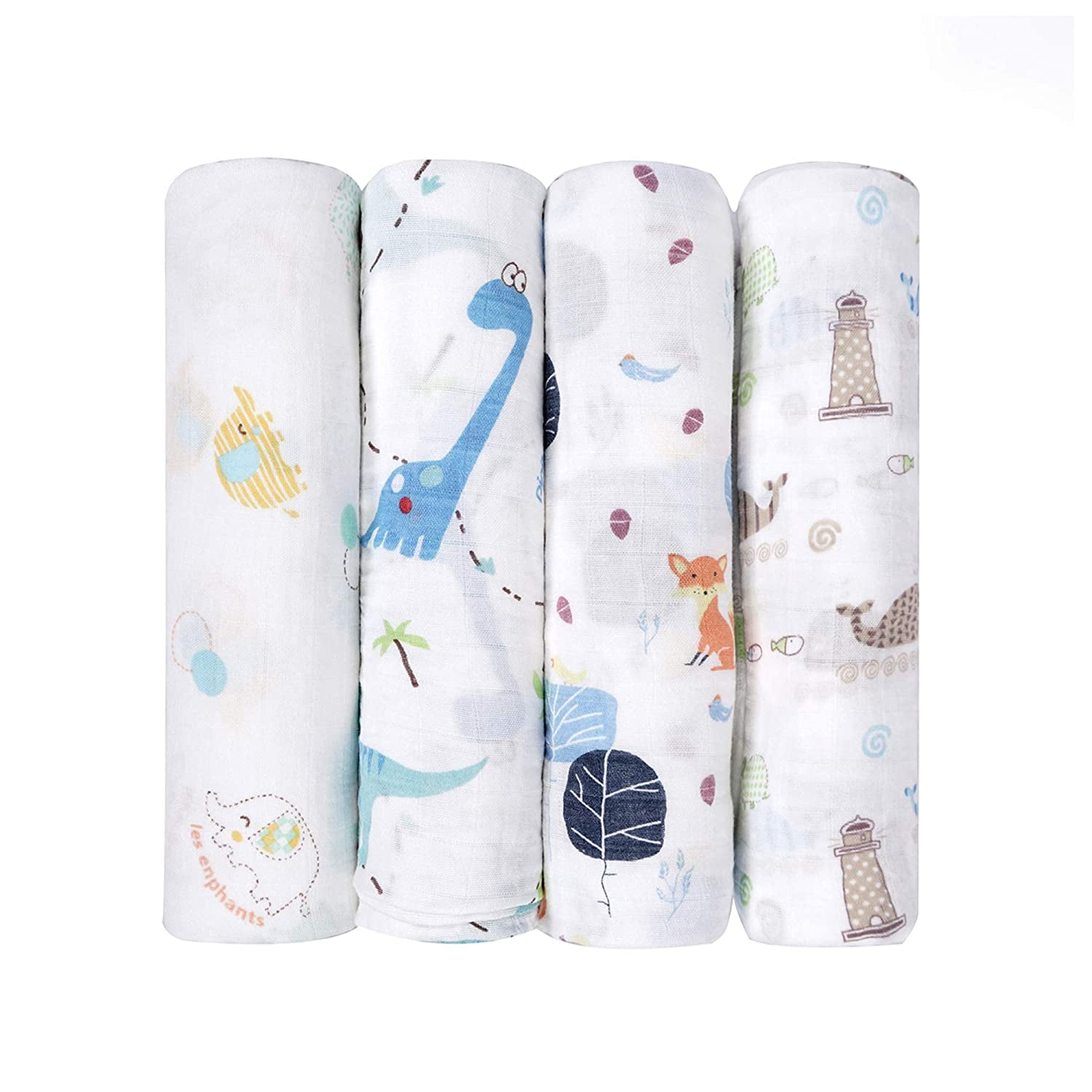70% Bamboo 30% Cotton Receiving Blanket Swaddle Wrap with Gift Box 47 X 47 inch Viviland Baby Muslin Swaddle Blanket for Newborn Boys and Girls Elephant,Fox,Whale,Dinosaur 4 Packs 
