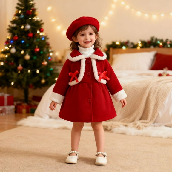 Girls' Christmas Coat Dress Fall Winter Fleece Button Down Jacket Collared Long Sleeve Cute Christmas Party Wear 6M-3Y