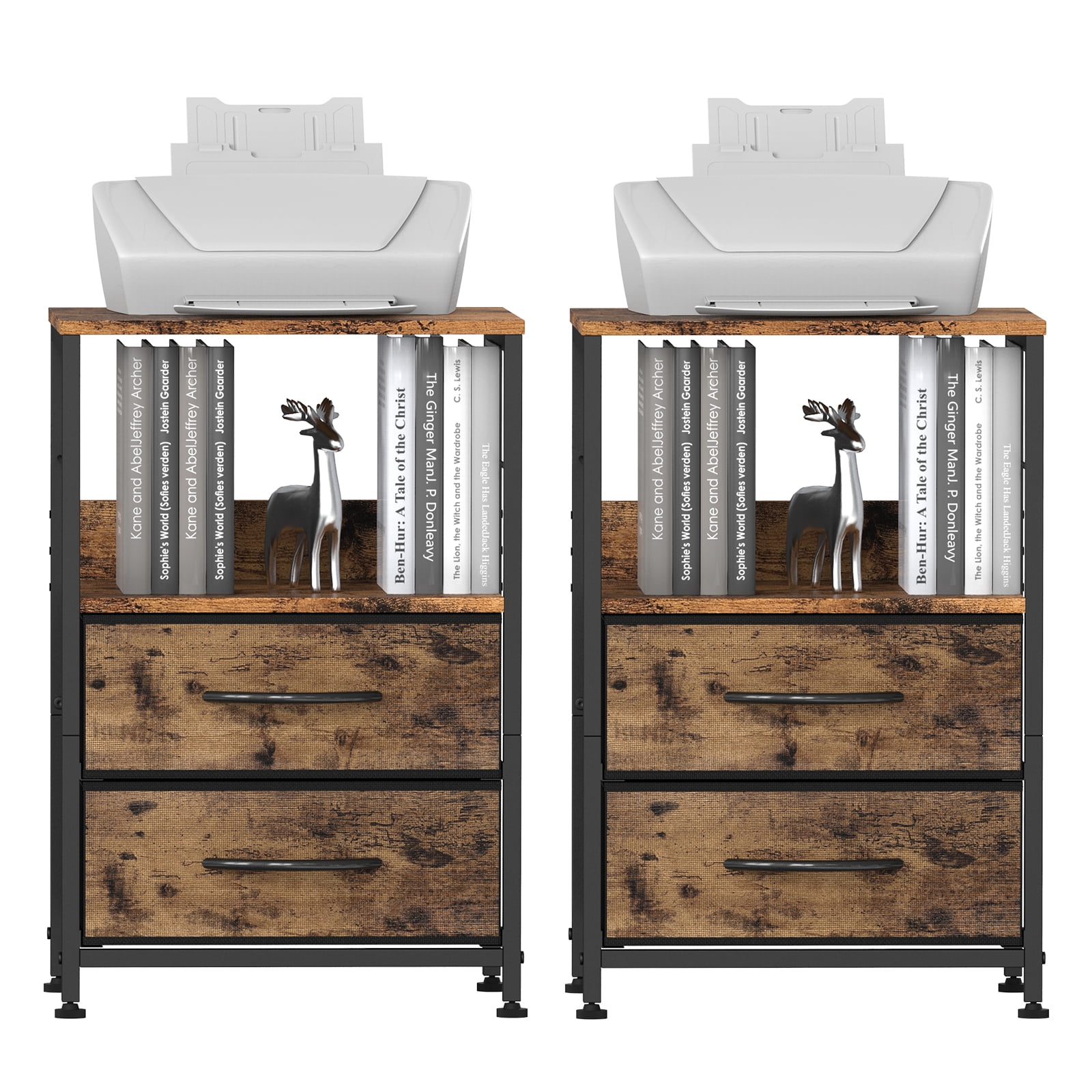 Oumilen Adult Nightstand for Bedroom End Side Table with 2 Drawers and Open Shelf Wood, Brown Set of 2