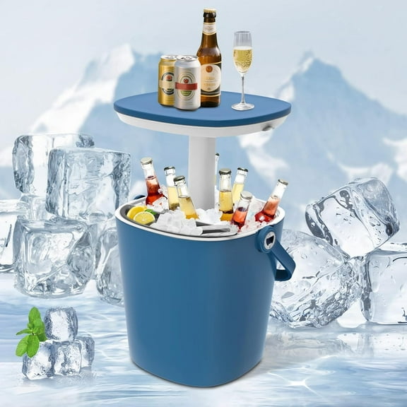 Cooler Bar Side Table 4-Gallon with Lift Top Lid – Hidden Bottle Opener & Food Clips, Multi-Functional Portable Ice Chest for Beer/Wine for Camping, Picnics & Pool Parties, Blue