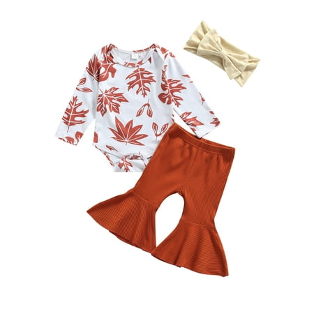 

Sunisery Newborn Baby Girls Clothes Sets Maple Leaf Romper Flare Trousers Headband Outfits Dark Orange 12-18 Months