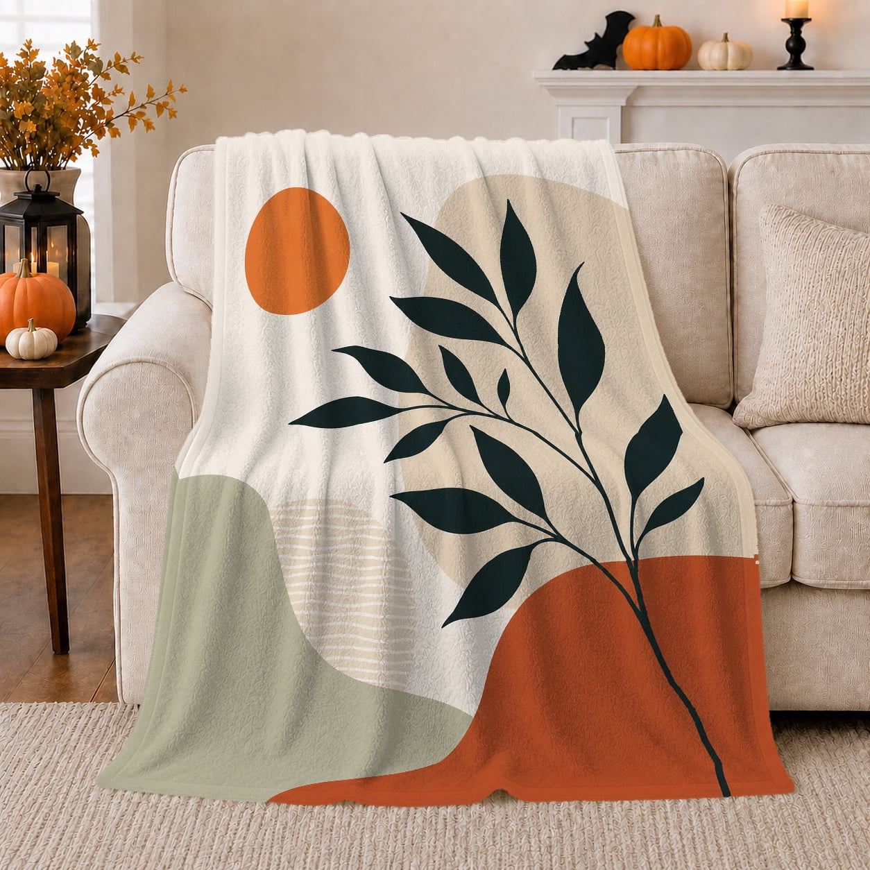 Diagonal Leafy Branch With Sun And Hills Soft Flannel Blanket with Modern Abstract Botanical Print Housewarming Gift and Home Decor for Bedroom and Living Room