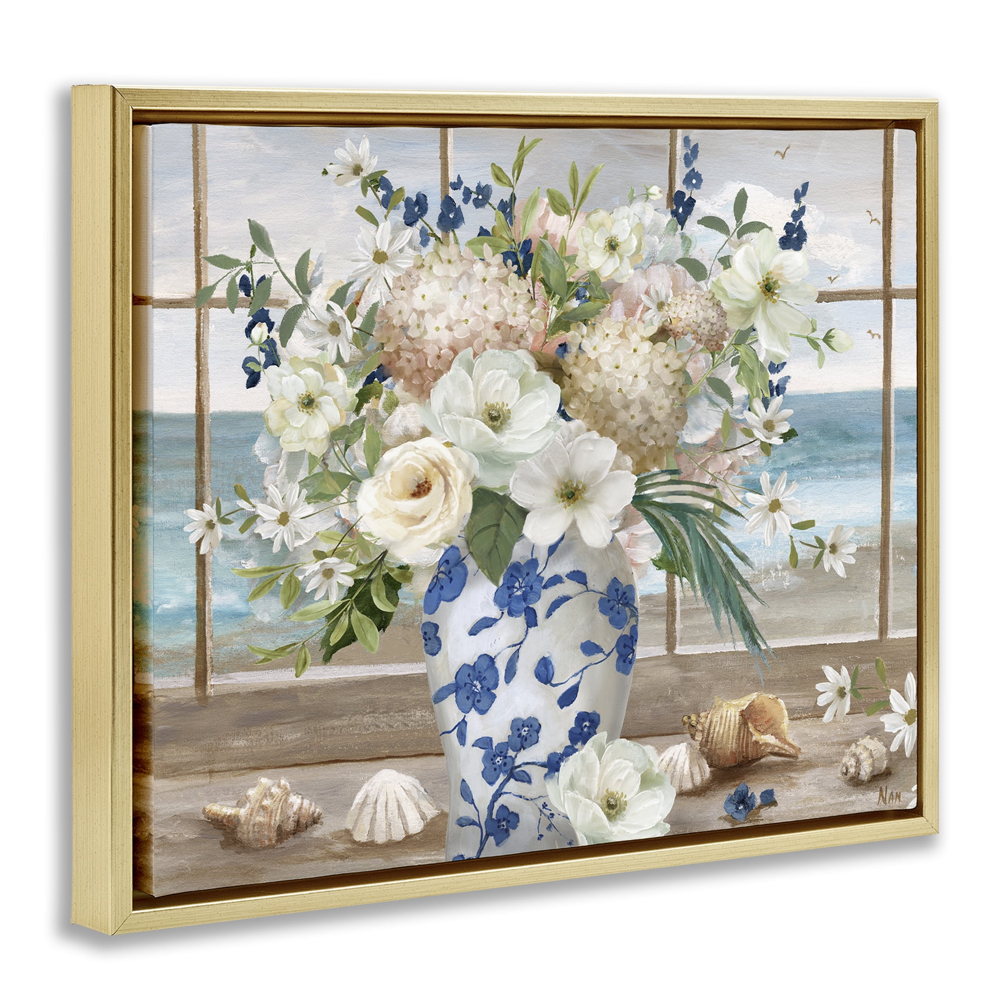 Stupell Industries Seashells & Flowers Windowsill Gold Framed Floater Canvas Wall Art, design by Nan