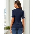 thumbnail image 4 of DARING DIVA Bow Tie Neck Office Elegant Short Sleeve Blouse Top M Dark Blue, 4 of 6