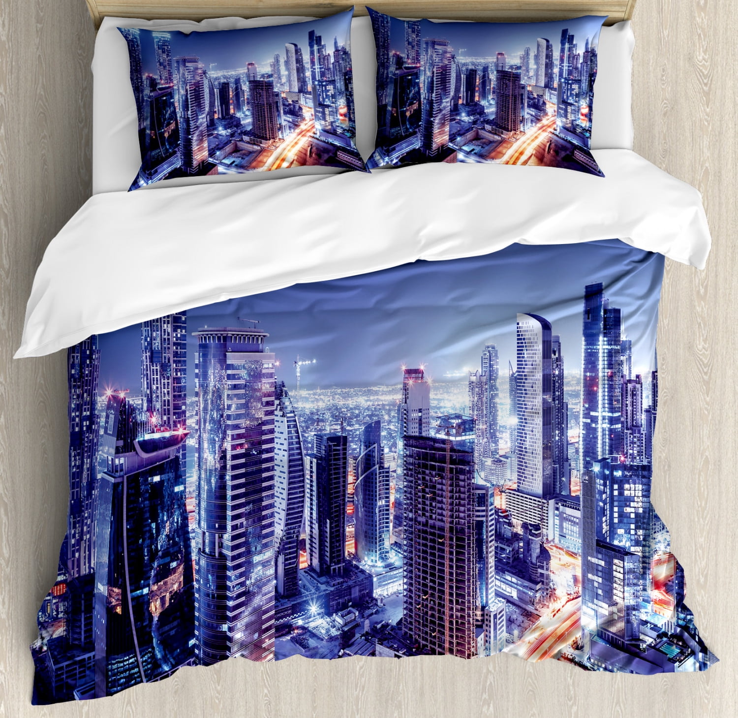 City Duvet Cover Set King Size, Dubai Downtown UAE Night Scenery Modern High Rise Buildings