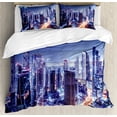 thumbnail image 1 of City Duvet Cover Set King Size, Dubai Downtown UAE Night Scenery Modern High Rise Buildings Travel Destination, Decorative 3 Piece Bedding Set with 2 Pillow Shams, Violet Blue Orange, by Ambesonne, 1 of 3
