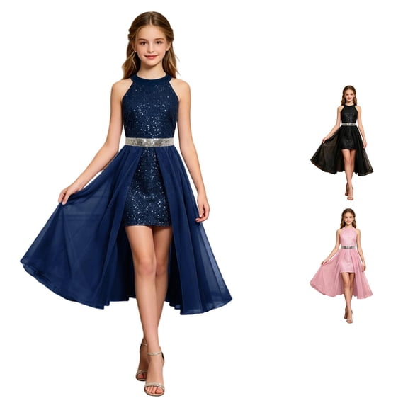 Ulitacool Teen Girl Dresses Sleeveless Round Neck A Line Sundress Solid Color Dresses Elegant Clothes 13-14 Years Blue
