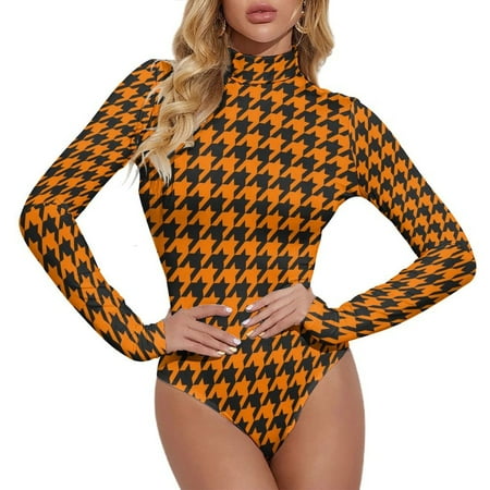 Long Sleeve Bodysuit for Women Black And Orange Houndstooth Turtleneck Bodysuits Tops Jumpsuit Tummy Control  Fall Fashion 2024