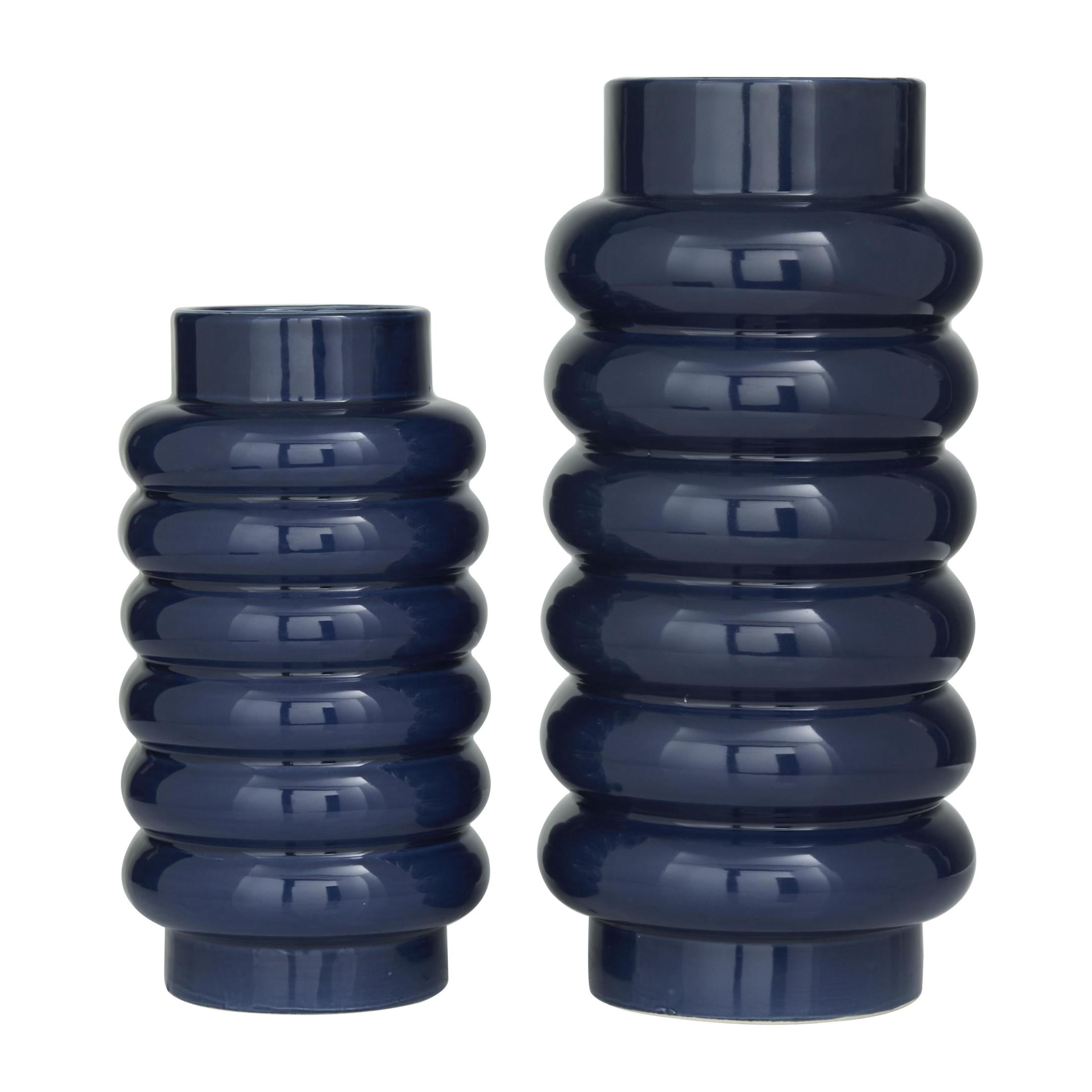 CosmoLiving by Cosmopolitan 16", 12"H Dark Blue Ceramic Vase with Stacked Ring Design, Set of 2