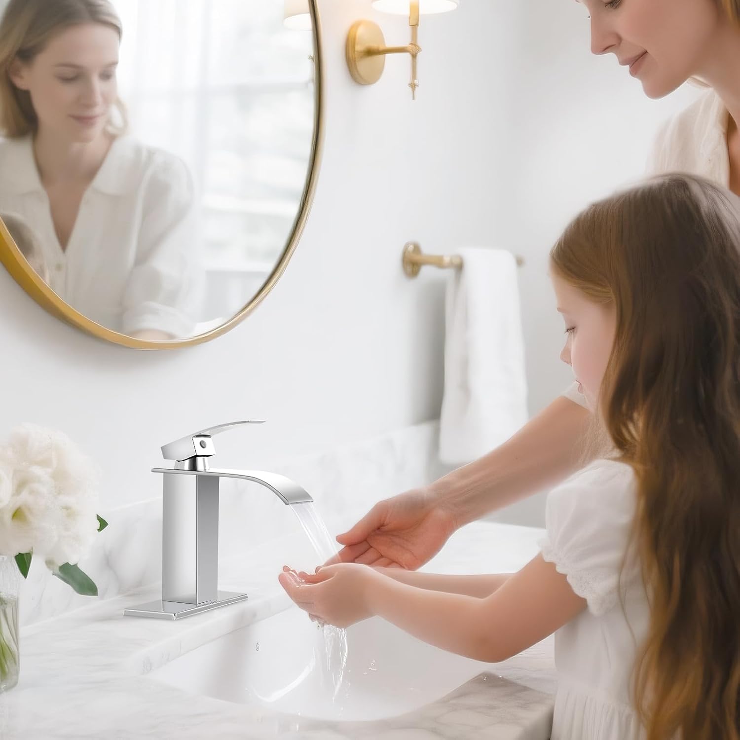 ORB Bathroom Faucets, Waterfall Bathroom Sink Faucet Modern Single Handle Bathroom Faucte 1 or 3 Hole, RV Mixer Tap Vanity Faucet - Includes Pop-up Drain Supply Hoses Deck Plate