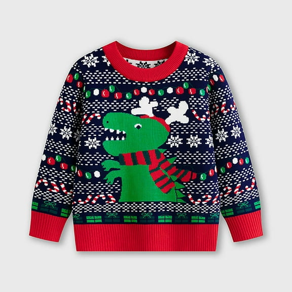 Tfken Christmas Sweater For Boys Kids Size 3-4 Years Crew Neck Cartoon Print Warm Fall Navy Pullover Sweater