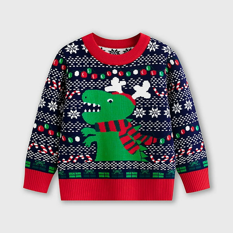 Bjutir Christmas Sweater For Boys Girls Dinosaur Print Crew Neck Long Sleeve Warm Fashion Tops Navy 3-4 Years