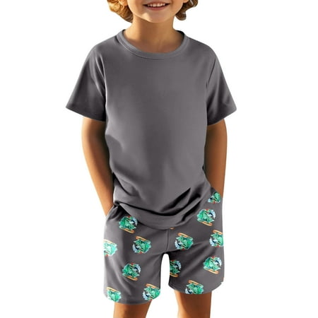Boys Spring Outfits Solid Color Short Sleeve Top with Dinosaur Print Shorts 2 Pcs Baby Boys Clothing Sets Grey 11-12 Years