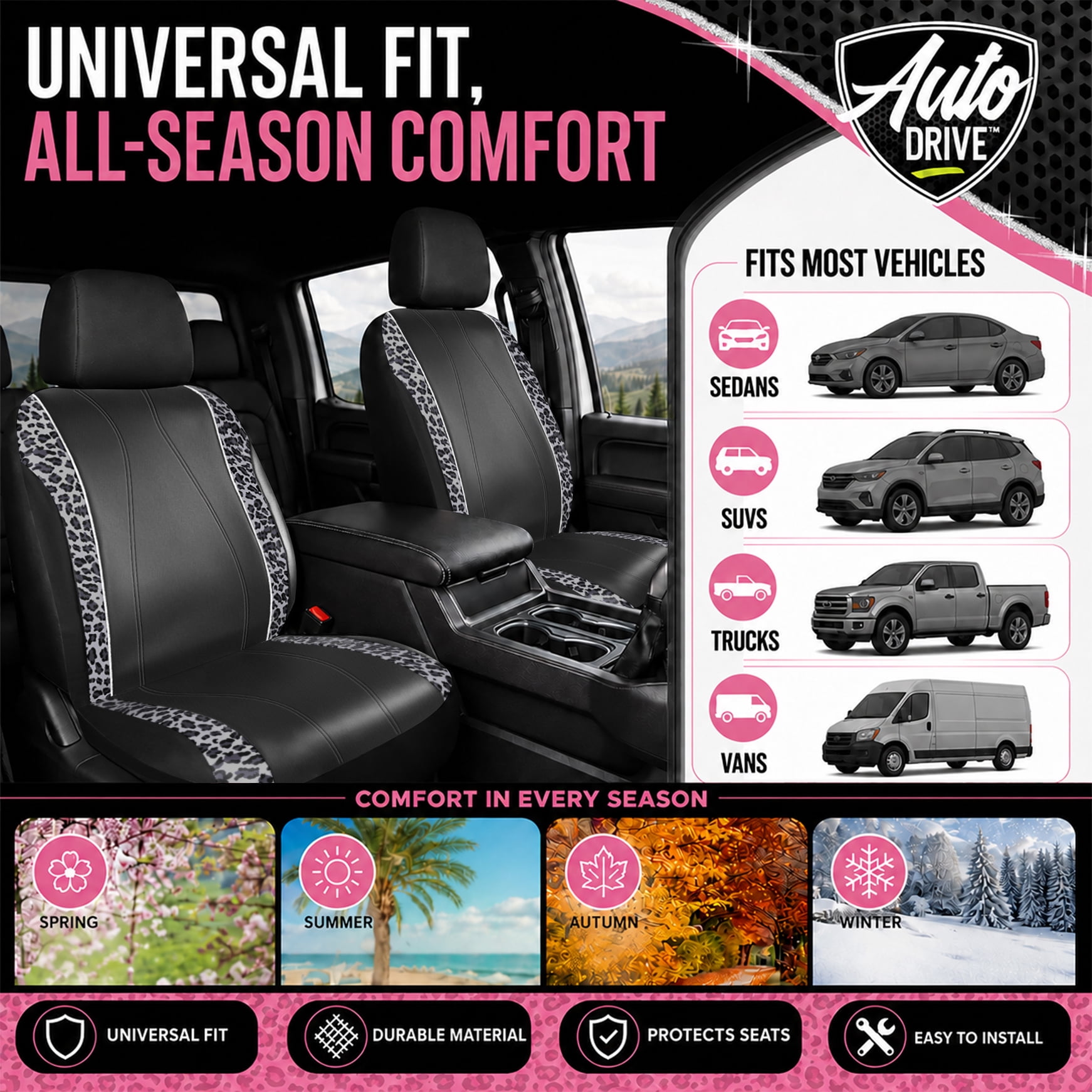 Auto Drive Car Seat Covers , Fashion Seat Covers,Leopard Print & Rhinestone Trim Front Seat Covers, Universal Fit, Airbag Compatible for Cars, SUVs and Trucks,Black